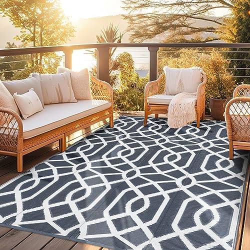 wikiwiki Outdoor Rug, 5x8ft Waterproof Reversible Mat Indoor Outdoor Rugs Carpet, Small Area Rug Plastic Straw Rug for Patio Deck Balcony Pool RV Camping Beach Picnic, Grey