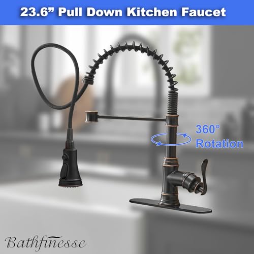 Bathfinesse Kitchen Sink Faucet with Pull Down Sprayer, 1 or 3 Hole, Oil Rubbed Bronze