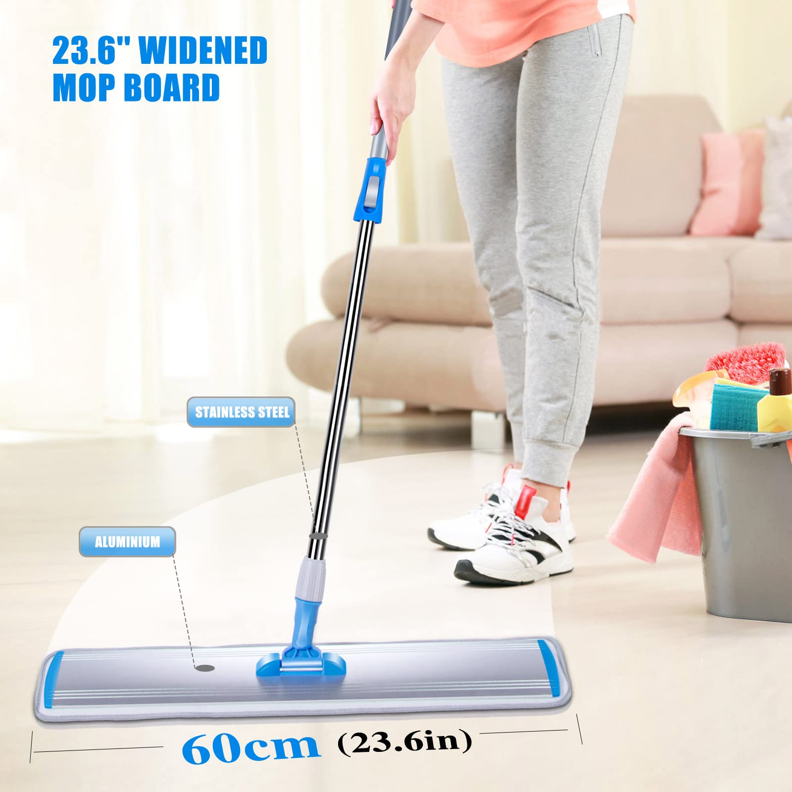 Masthome Commercial Wet Mop 24'' Large Microfiber Mop,Aluminum Flat Mop with Adjustable Stainless Steel for Wet and Dust Cleaning Heavy Duty Floor Mop with 5 Mop Pads and 1 Cleaning Scraper