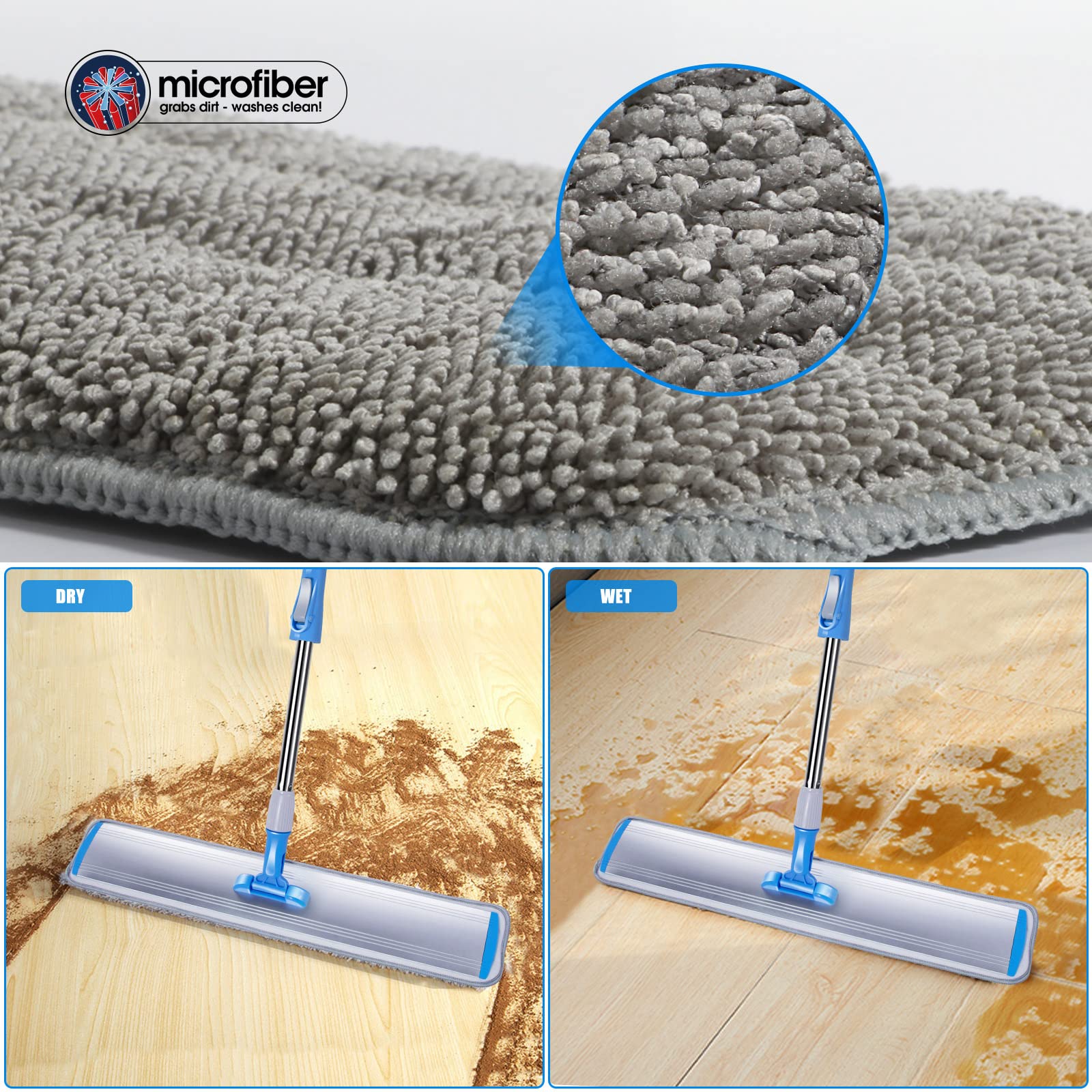 Masthome Commercial Wet Mop 24'' Large Microfiber Mop,Aluminum Flat Mop with Adjustable Stainless Steel for Wet and Dust Cleaning Heavy Duty Floor Mop with 5 Mop Pads and 1 Cleaning Scraper