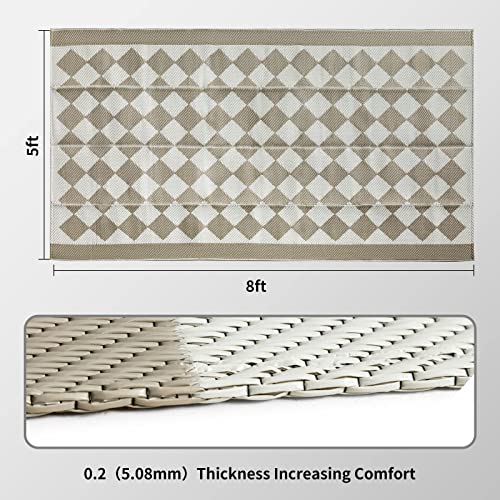 Kurala Reversible Rugs Plastic Patio Area Rugs, Lightweight Outside Mats for Patio, Straw, RV Camping, Beach and Picnic (5x8ft Taupe)