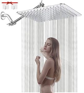 10'' square rain shower head with 11 inches adjustable extension arm, large stainless steel high pressure shower head,ultra thin rainfall bath shower easy to clean and install(chrome)