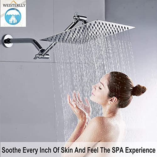 10'' Square Rain Shower head with 11 Inches Adjustable Extension Arm, Large Stainless Steel High Pressure Shower Head,Ultra Thin Rainfall Bath Shower Easy to Clean and Install(Chrome)