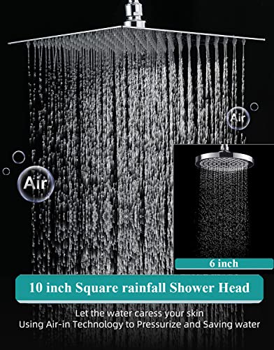 10'' Square Rain Shower head with 11 Inches Adjustable Extension Arm, Large Stainless Steel High Pressure Shower Head,Ultra Thin Rainfall Bath Shower Easy to Clean and Install(Chrome)