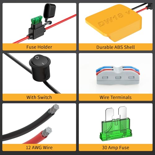 Kzreect Power Wheels Adapter for Dewalt 20V Battery Adapter, 20V Power Wheels Battery Converter Kit for DIY RC Toys Adapter Set with Fuses Holder and Switch, Wire Terminals, 12AWG Wire