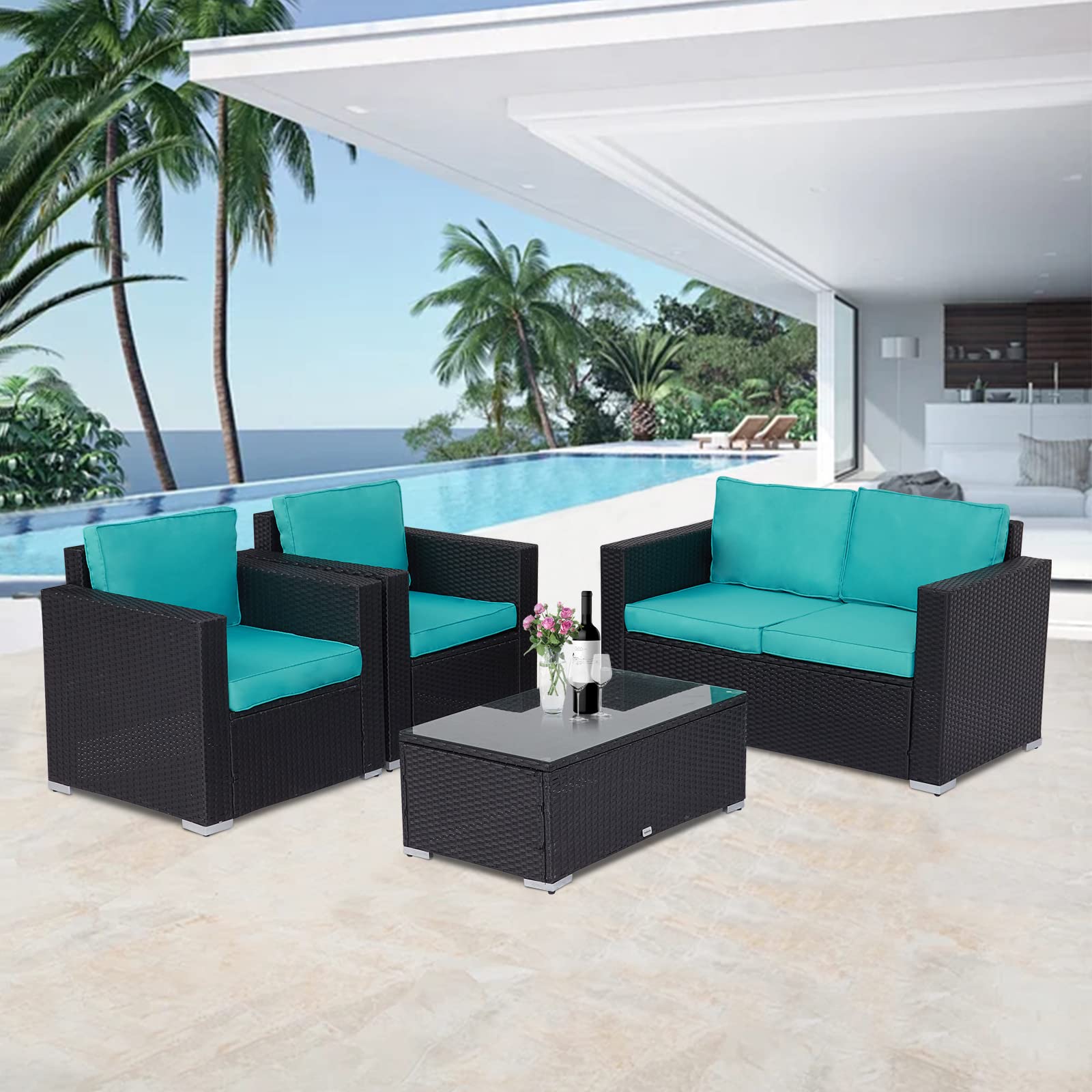 Kinsunny 4 Piece Outdoor Conversation Set Patio Sectional Sofa PE Wicker Furniture Sets with Glass Coffee Table and Cushions for Porch Lawn