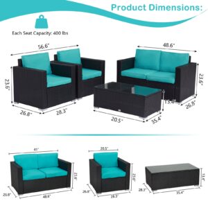 Kinsunny 4 Piece Outdoor Conversation Set Patio Sectional Sofa PE Wicker Furniture Sets with Glass Coffee Table and Cushions for Porch Lawn