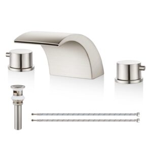 airuida widespread waterfall bathroom sink faucet, brushed nickel 8 inch widespread bathroom faucet with pop up drain, 8 inch 2-handle 3 holes lavatory vanity sink faucet with quick install pipe