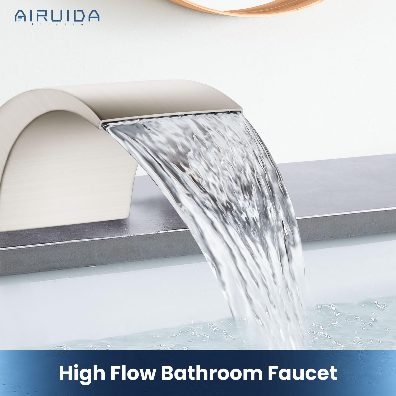 Airuida Widespread Waterfall Bathroom Sink Faucet, Brushed Nickel 8 Inch Widespread Bathroom Faucet with Pop Up Drain, 8 Inch 2-Handle 3 Holes Lavatory Vanity Sink Faucet with Quick Install Pipe