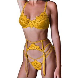 wodceeke women's 3 pc deep v teddy lingerie set sexy lace babydoll bodysuit with garter (yellow, l)