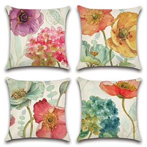 Artscope Set of 4 Waterproof Throw Pillow Covers 18x18 Inches, Hydrangea and Lotus Pattern Decorative Cushion Covers, Perfect to Outdoor Patio Garden Living Room Sofa Farmhouse Decor