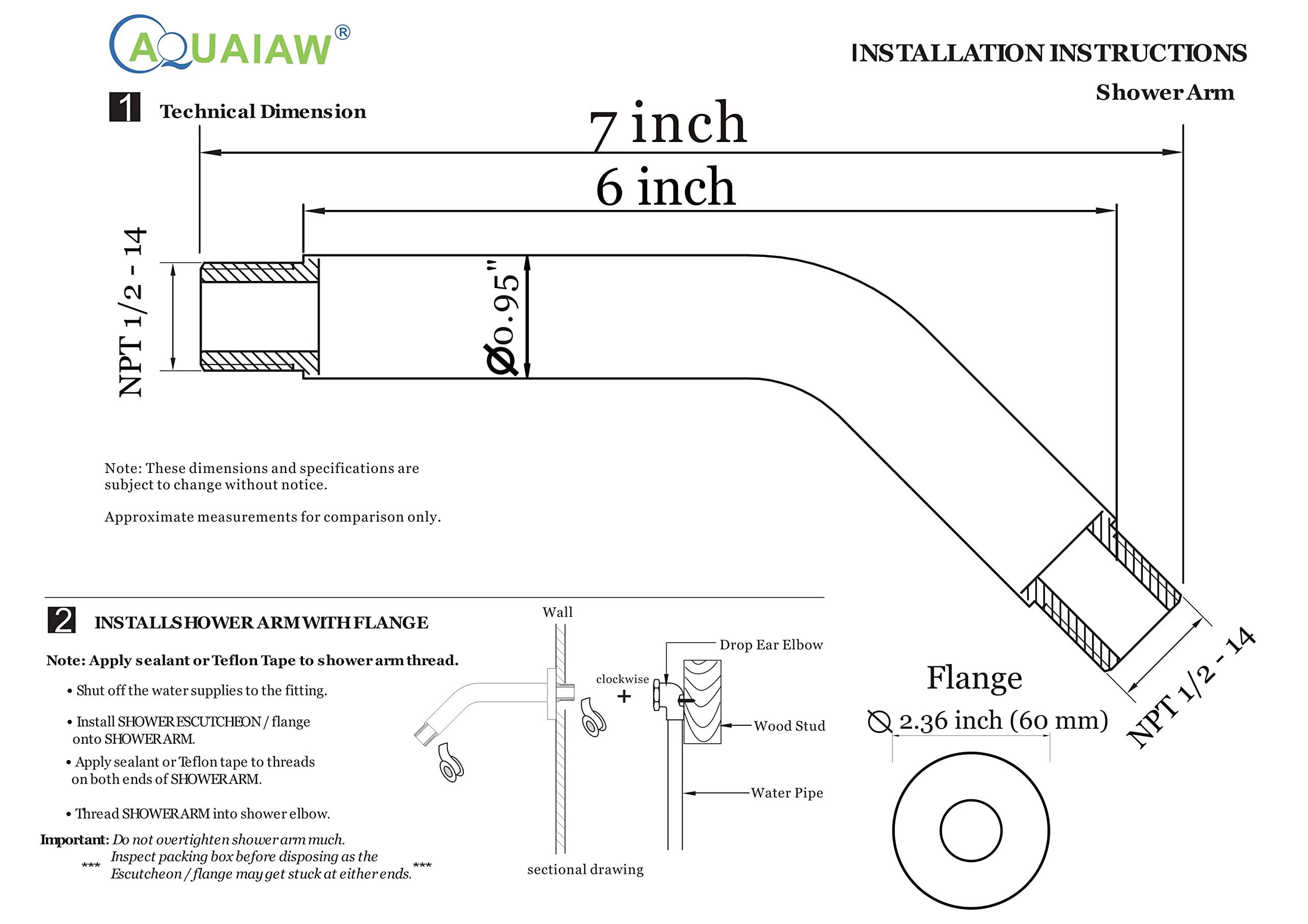 Aquaiaw Only Produce and Sell Solid Brass Shower Arms. Aquaiaw Shower Arm and O-Ring Flange, 6 inch, Solid Brass, Round, Both 1/2 NPT Tapered Threads, PVD Brushed Nickel Wall Mount Shower Head Arm