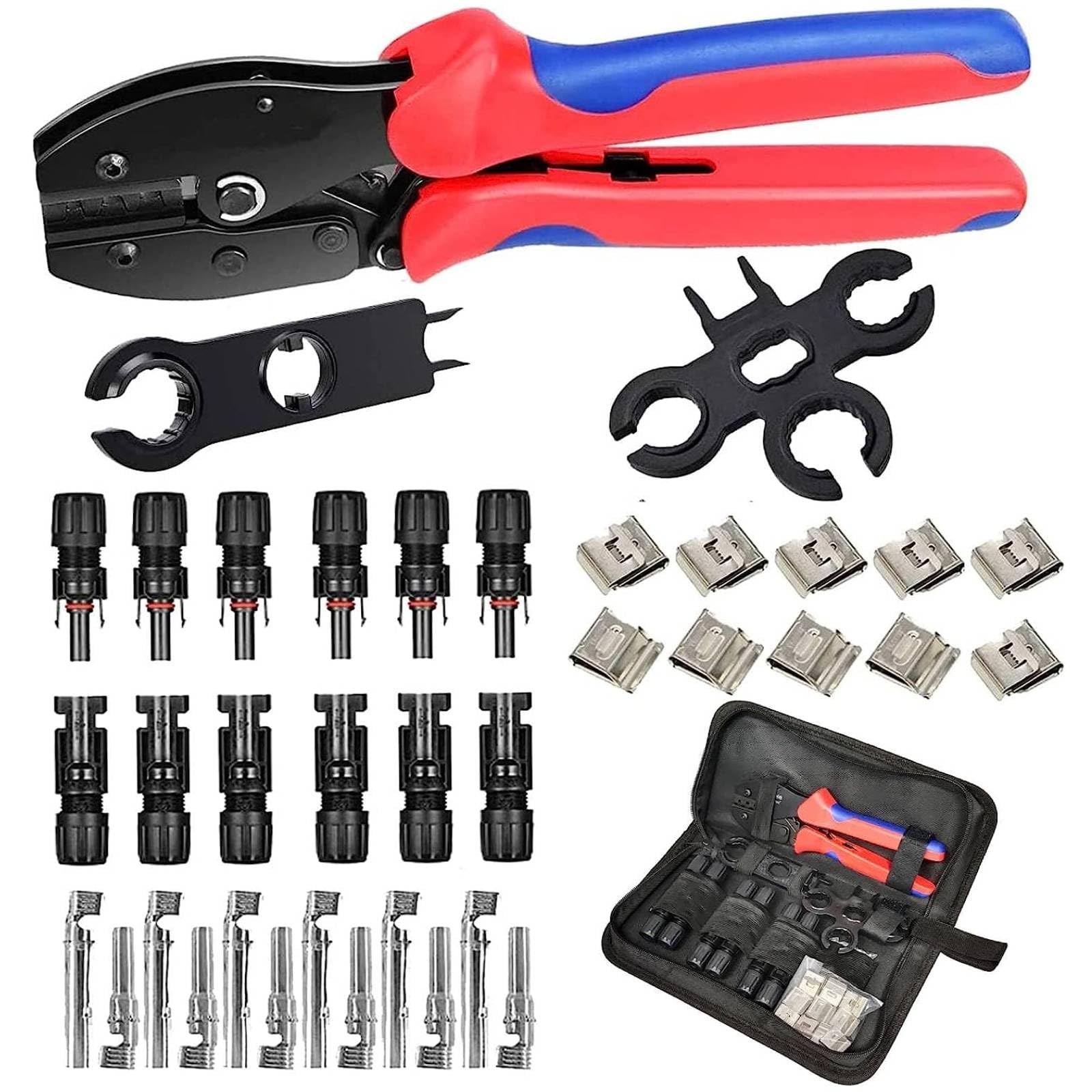 QeeHeng Crimping Tool Kit Compatible with Solar Cable Connector,6 Pairs Solar Panel Connectors, 1 Crimper Tool,2pcs Spanner Wrench