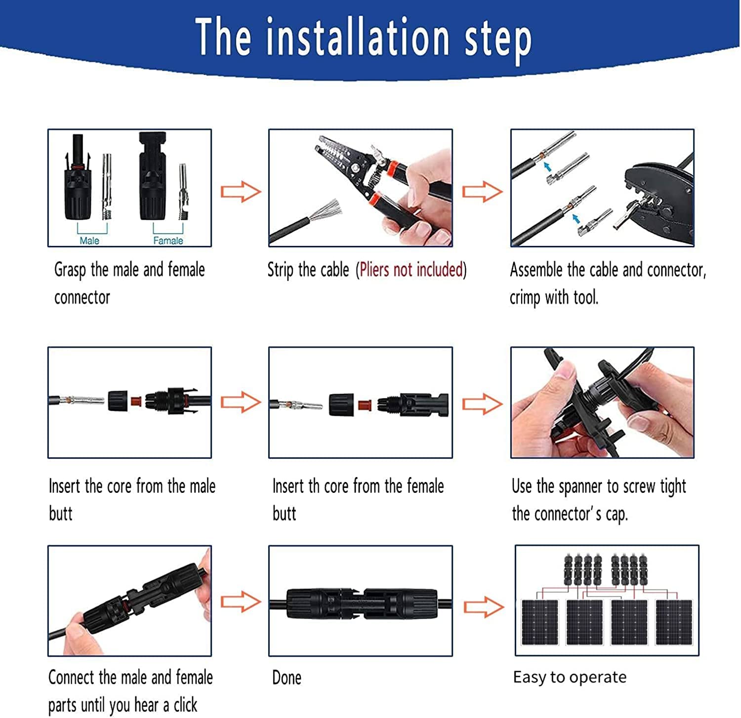 QeeHeng Crimping Tool Kit Compatible with Solar Cable Connector,6 Pairs Solar Panel Connectors, 1 Crimper Tool,2pcs Spanner Wrench