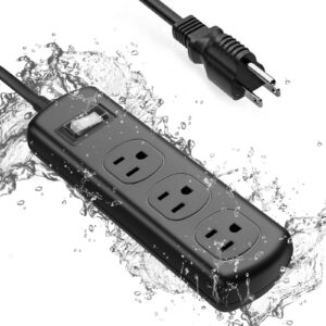 power strip surge protector waterproof, with 6 ft long extension cord and 3 outlets, ipx6 waterproof and electric shockproof socket for baby room, bathroom, kitchen, garden, yard lighting