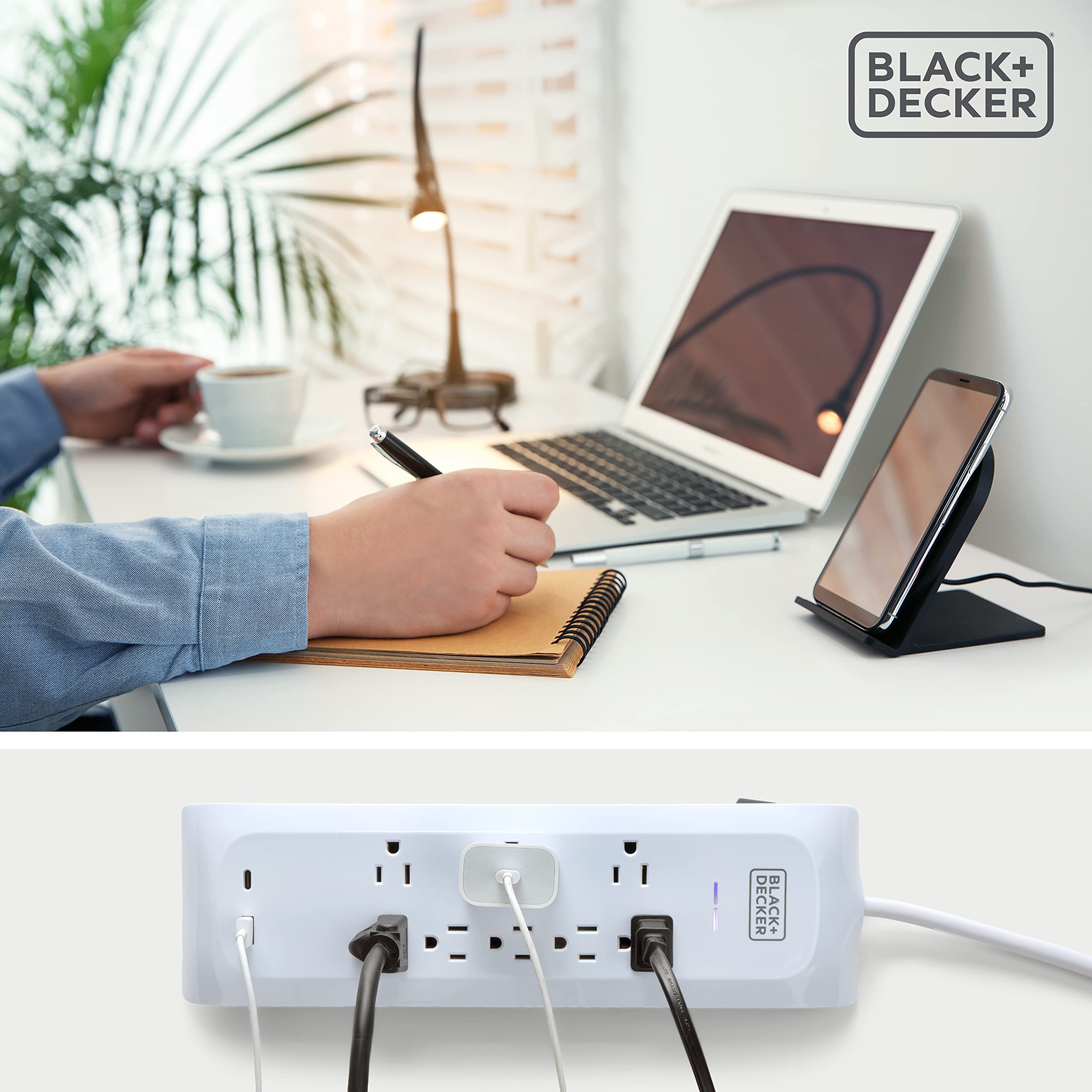 BLACK+DECKER Power Strip Extension Cord with 3 Grounded Outlets, 2 USB Charging Ports, 5 ft Cable - Indoor Charging Station Outlet Strip with Flat Plug - Premium Electrical Outlets & Accessories
