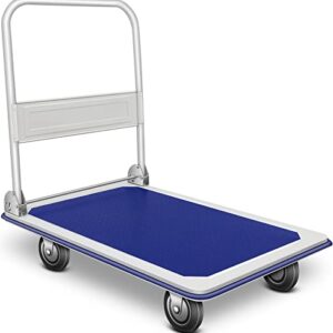 GPOAS Push Cart Dolly 660LBS Folding Platform Hand Truck with 360 Degree Swivel Wheels and Handle, Heavy Duty Foldable Flatbed Large Moving Cart for Easy Storage Luggage Moving,Blue