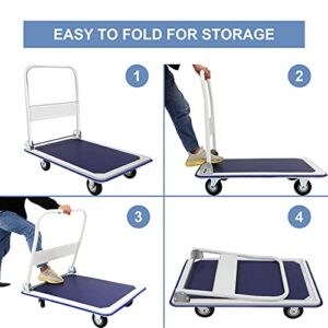 GPOAS Push Cart Dolly 660LBS Folding Platform Hand Truck with 360 Degree Swivel Wheels and Handle, Heavy Duty Foldable Flatbed Large Moving Cart for Easy Storage Luggage Moving,Blue