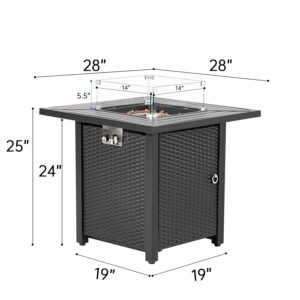 HOMPUS Outdoor Propane Fire Pit Table 28-inch 40,000 BTU Imitation Wicker Square Glass Top Fire Table w Wind Guard,Lava Rocks,Rain Cover Gas Smokeless Fire Pit for Outside Patio,Garden,Deck,Backyard