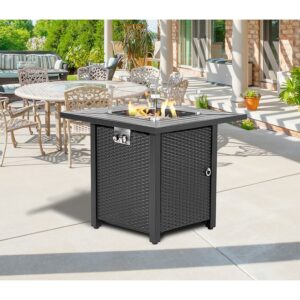 HOMPUS Outdoor Propane Fire Pit Table 28-inch 40,000 BTU Imitation Wicker Square Glass Top Fire Table w Wind Guard,Lava Rocks,Rain Cover Gas Smokeless Fire Pit for Outside Patio,Garden,Deck,Backyard