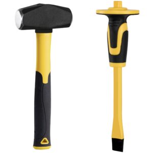 kurui 3lb sledge hammer & flat chisel with hand protection for tile/rock/masonry/concrete/brick/rockhounding, mason flat head chisel & small drilling hammer with anti-slip handle