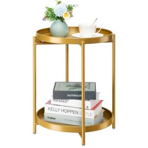 danpinera 2-tier end table, outdoor side table metal round side table with removable tray, small folding accent table, anti-rust nightstand for bedroom balcony patio living room (gold)