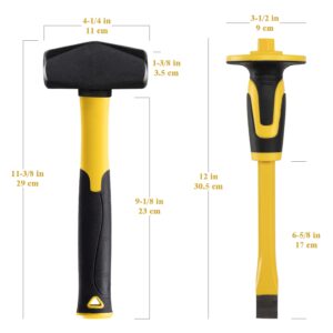 KURUI 3lb Sledge Hammer & Flat Chisel with Hand Protection for Tile/Rock/Masonry/Concrete/Brick/rockhounding, Mason Flat Head Chisel & Small Drilling Hammer with Anti-Slip Handle