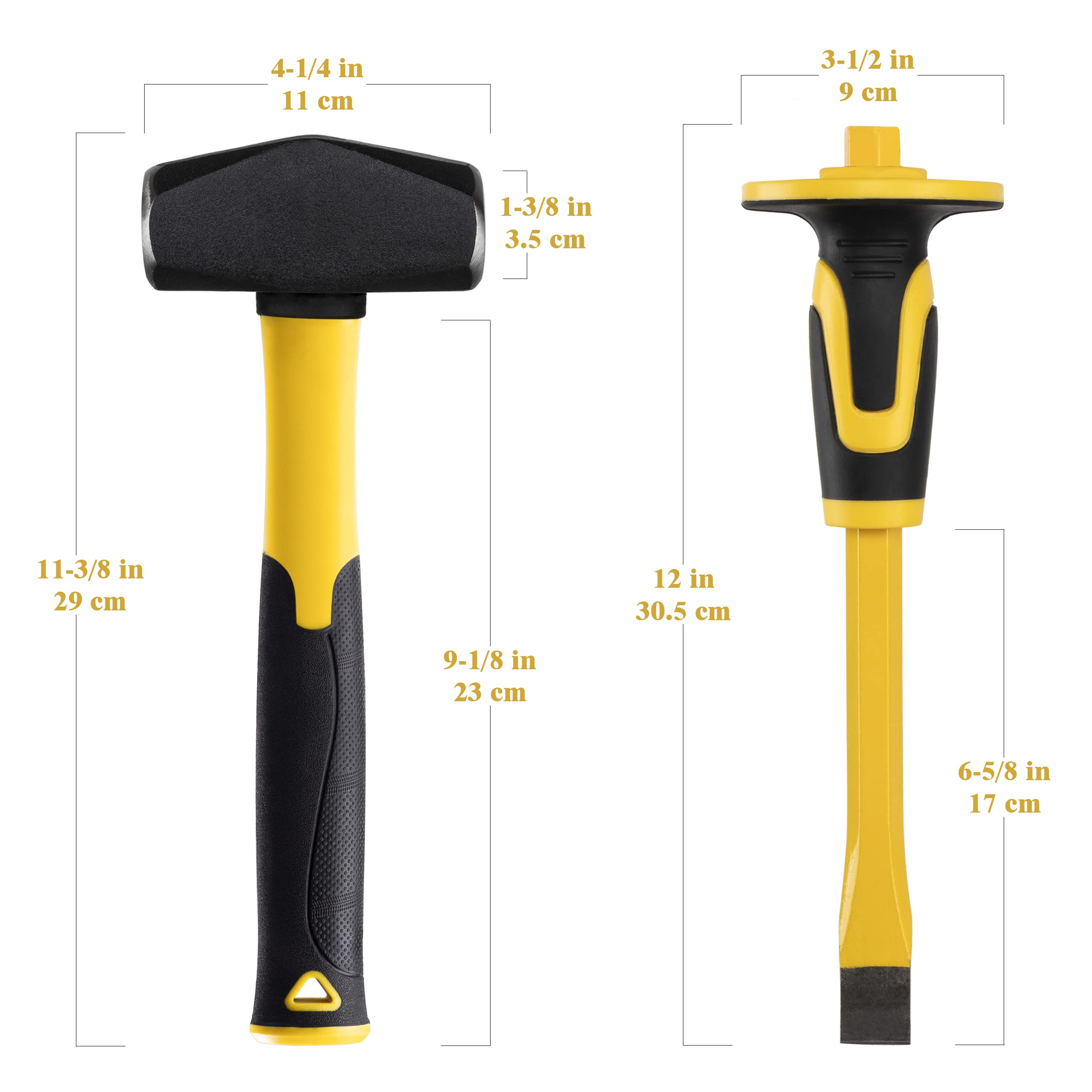 KURUI 3lb Sledge Hammer & Flat Chisel with Hand Protection for Tile/Rock/Masonry/Concrete/Brick/rockhounding, Mason Flat Head Chisel & Small Drilling Hammer with Anti-Slip Handle