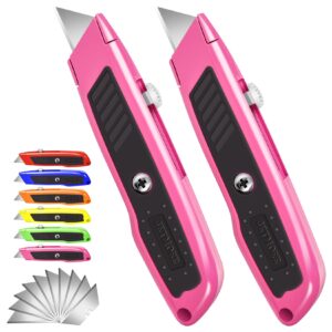 jetmore box cutter, 2 pack pink utility knife, durable razor knife, box opener with 10 sk5 blades, exacto knife, cardboard cutter, box cutter retractable, perfect package opener for home, office