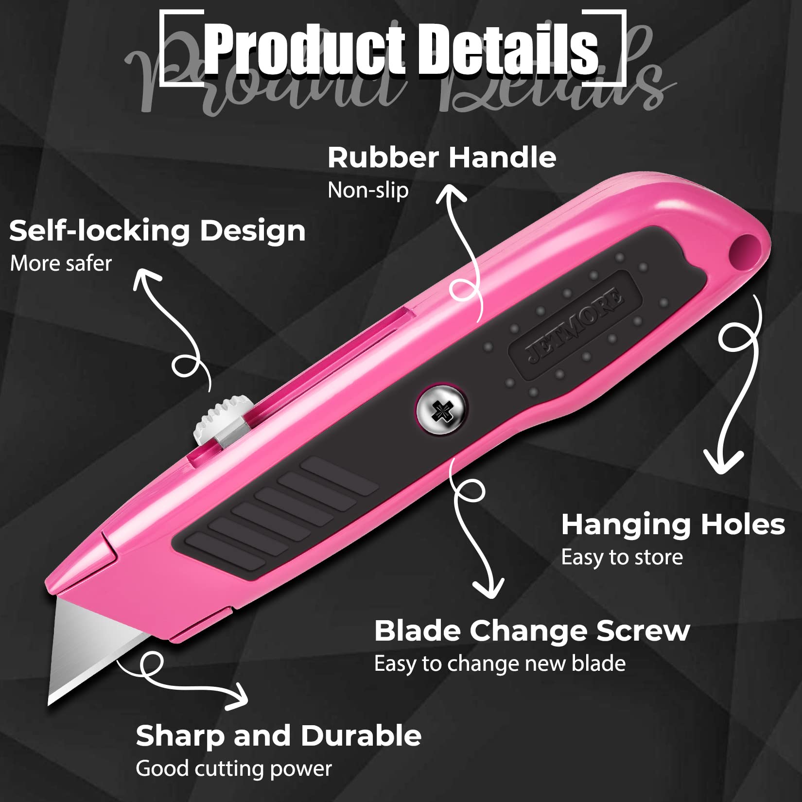 Jetmore Box Cutter, 2 Pack Pink Utility Knife, Durable Razor Knife, Box Opener with 10 SK5 Blades, Exacto Knife, Cardboard Cutter, Box Cutter Retractable, Perfect Package Opener for Home, Office