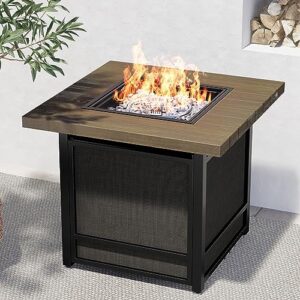 grand patio 29 inch propane fire pit,outdoor fire pit all-weather wood grain square stainless steel smokeless firepit table with sling base, light brown tabletop/square