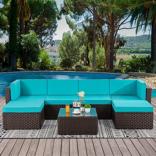 Walsunny 7 Pieces Patio Outdoor Brown Rattan Furniture Conversation Sets, All Weather Sectional Sofa Manual Weaving Wicker with Washable Couch Cushion & Tea Table (Blue)