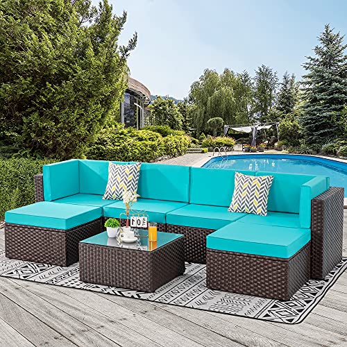 Walsunny 7 Pieces Patio Outdoor Brown Rattan Furniture Conversation Sets, All Weather Sectional Sofa Manual Weaving Wicker with Washable Couch Cushion & Tea Table (Blue)