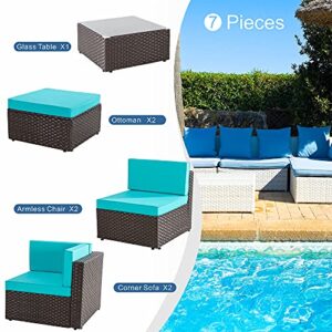 Walsunny 7 Pieces Patio Outdoor Brown Rattan Furniture Conversation Sets, All Weather Sectional Sofa Manual Weaving Wicker with Washable Couch Cushion & Tea Table (Blue)