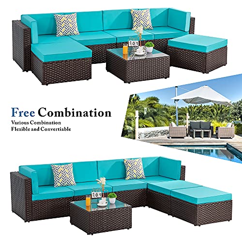 Walsunny 7 Pieces Patio Outdoor Brown Rattan Furniture Conversation Sets, All Weather Sectional Sofa Manual Weaving Wicker with Washable Couch Cushion & Tea Table (Blue)