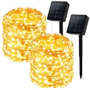solar string lights outdoor, 2 packs each 33ft 100led solar fairy lights with 8 modes, waterproof firefly twinkle lights for christmas patio yard trees wedding party (warm white)