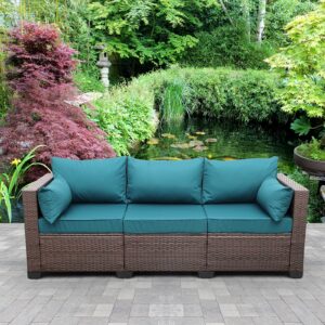 valita 3-seat patio pe wicker couch furniture outdoor brown rattan sofa with washable peacock blue cushions