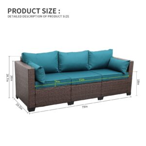 Valita 3-Seat Patio PE Wicker Couch Furniture Outdoor Brown Rattan Sofa with Washable Peacock Blue Cushions