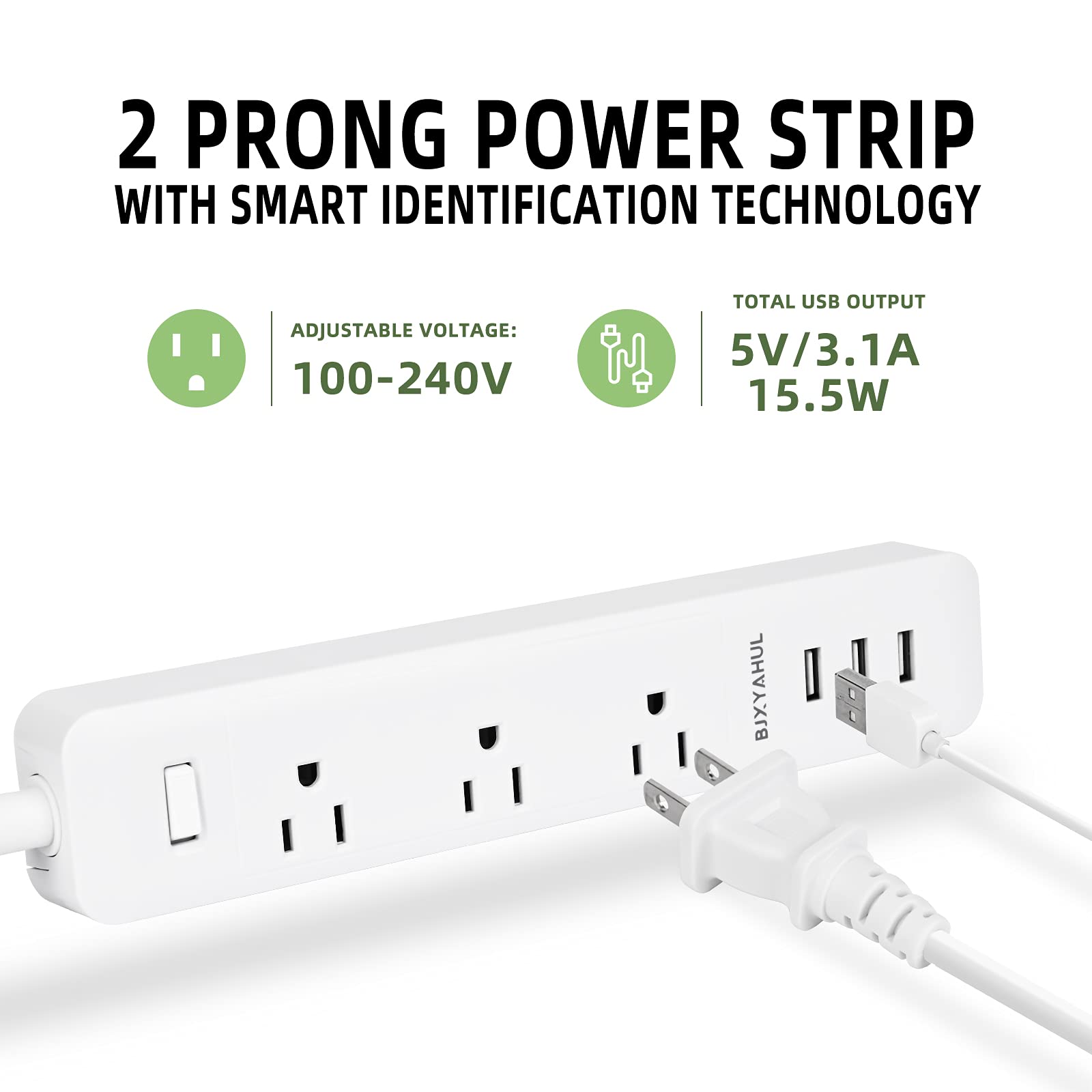 2 Prong to 3 Prong Power Strip, Two Prong Surge Protector with 6FT Long Cord, 3 AC Outlets 2 Prong to 3 Prong Extension Cord with 3 USB Ports(5V 3.1A) for Non-Grounded Outlets for Home/Office, White