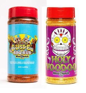 meat church bbq rub combo: holy gospel (14 oz) and voodoo (14 oz) bbq rub and seasoning for meat and vegetables, gluten free, one bottle of each