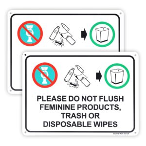 2-pack please do not flush feminine products, trash or disposable wipes sign，10"x 7" plastic sign