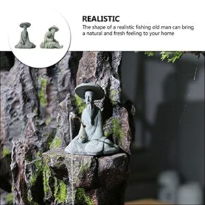 Cabilock 2Pcs Mini Fisherman Figurines Sandstone Chinese Mudman Sitting Fishing Garden Statue Ornament for Fish Tank Micro Landscape Bonsai Fairy Garden Decorations