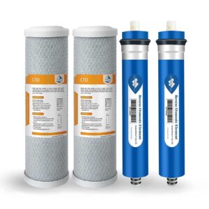 combo pack for fx12m and fx12p, membrane solutions water filter replacement cartridge for ge gxrm10rbl gxrm10g smartwater reverse osmosis systems, 2x carbon filters, 2x ro membrane filter 50gpd