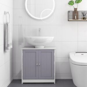 kleankin Pedestal Sink Storage Cabinet, Vanity Base Cabinet, Under Sink Bathroom Cabinet with U-Shape Cut-Out and Adjustable Internal Shelf, White and Gray