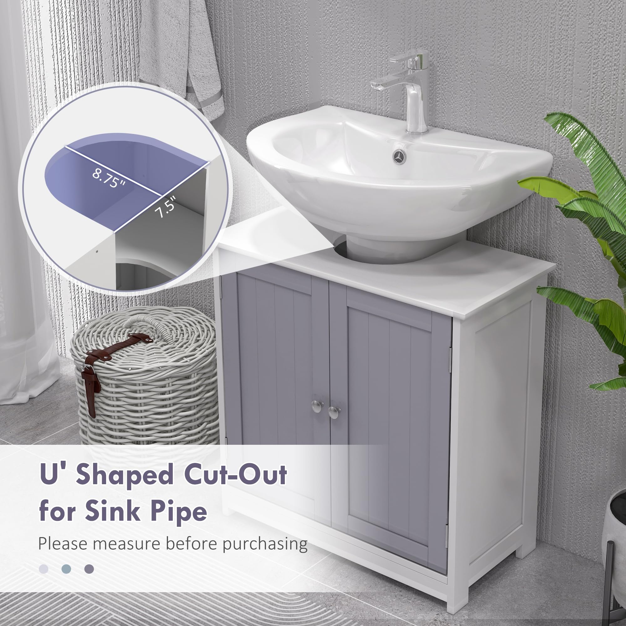 kleankin Pedestal Sink Storage Cabinet, Vanity Base Cabinet, Under Sink Bathroom Cabinet with U-Shape Cut-Out and Adjustable Internal Shelf, White and Gray