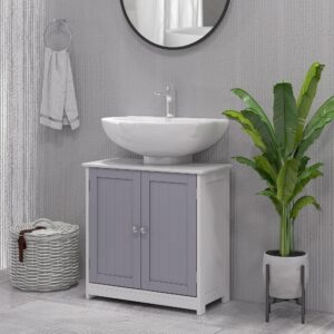 kleankin Pedestal Sink Storage Cabinet, Vanity Base Cabinet, Under Sink Bathroom Cabinet with U-Shape Cut-Out and Adjustable Internal Shelf, White and Gray