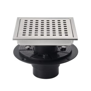 SISEHO 6 Inch Shower Drain Brushed Nickel Square With Adjustable Shower Drain Base Flange SUS304 Stainless Steel Floor Drain Cover Removable Mesh Grille