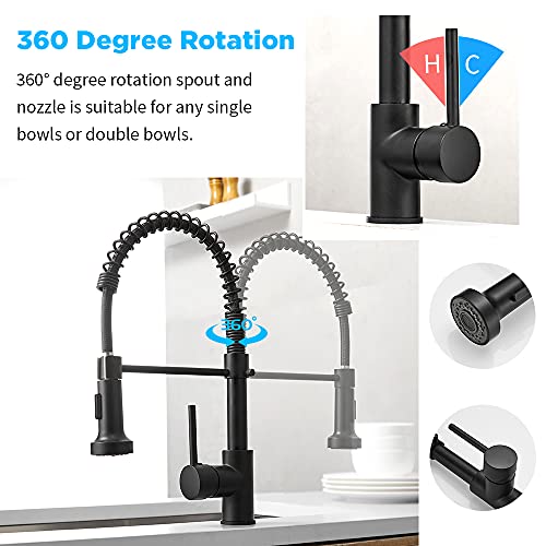 Black Kitchen Faucets, HVNVN Kitchen Faucets with Pull Down Sprayer Solid Brass Matte Black Industrial Single Handle 1 Or 3 Hole Faucet for Farmhouse Camper Laundry Utility Bar Sinks