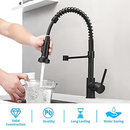 Black Kitchen Faucets, HVNVN Kitchen Faucets with Pull Down Sprayer Solid Brass Matte Black Industrial Single Handle 1 Or 3 Hole Faucet for Farmhouse Camper Laundry Utility Bar Sinks