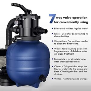 BLUBERY 13" Sand Filter with 1/3HP Pump System, Handy 7-Way Valve for Above Ground Pools with Prefilter Pool Pump, 115V, 23FT Cord for Easy Installation, GSF01A